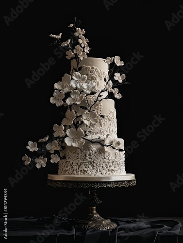 A threetiered wedding cake with intricate lace designs © Istri