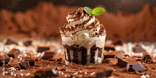 A glass of chocolate cake with whipped cream on top.
 photo