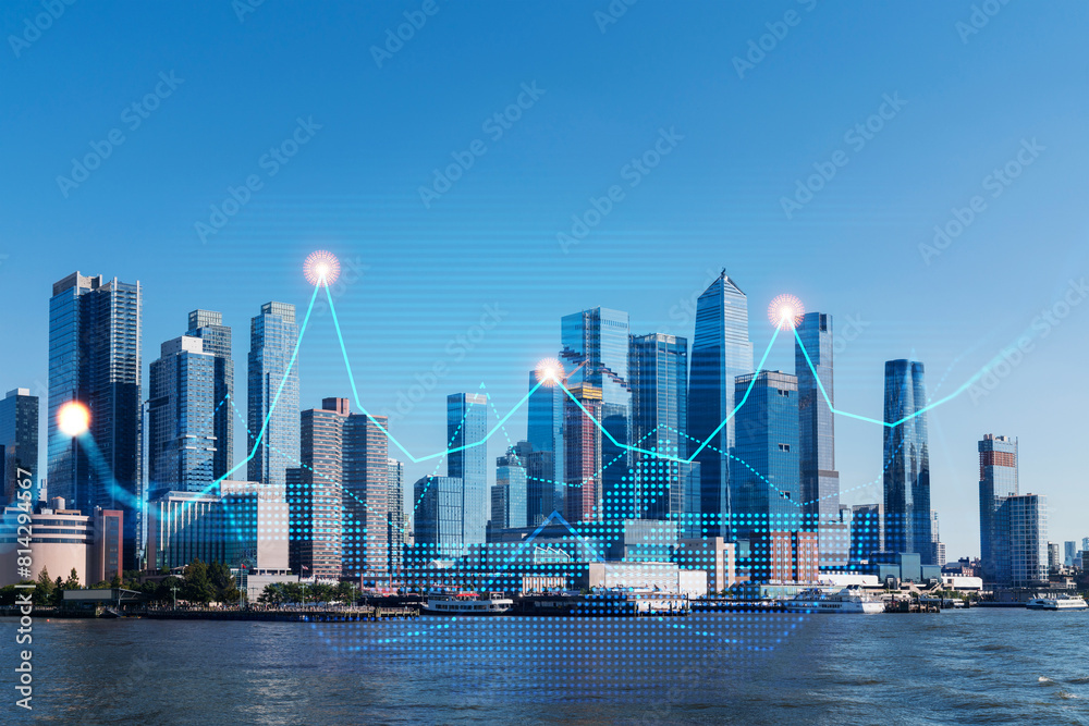 Fototapeta premium Skyscrapers Cityscape Downtown View, New York Skyline Buildings. Beautiful Real Estate. Day time. Forex Financial graph and chart hologram. Business education concept.