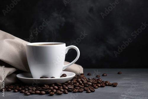 White cup of black freshly brewed coffee and a bag with grains nearby grey background front view