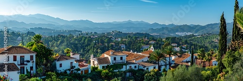 Little white village perched in the hills inland from Marbella, Benahavis, Spain, February 12th 2023 realistic nature and landscape photo