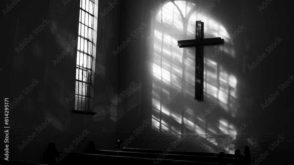 Naklejka premium Monochromatic photo of a cross shadow cast on a church's interior wall, highlighting religious symbolism
