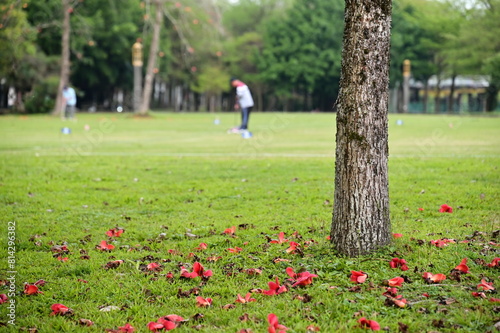 Taiwan - Mar 30, 2024: Immerse yourself in the vibrant atmosphere of Luodong Sports Park as individuals of all ages engage in the spirited game of croquet. photo