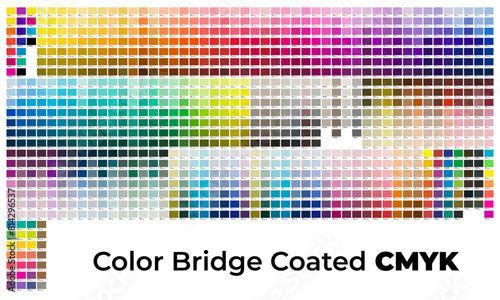 Color Bridge Coated CMYK. Color Chart. Print Test Page. Color Numbers or Names. RGB, CMYK, Pantone. Vector color palette.