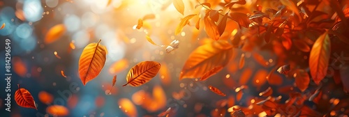 Lively closeup of falling autumn leaves with vibrant backlight from the setting sun realistic nature and landscape photo