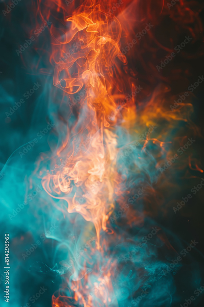 Colorful abstract smoke and flames - An abstract image portraying colorful smoke resembling flames against a dark background