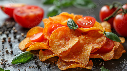 Crispy potato chips with fresh tomatoes and herbs - An appetizing view of golden  crispy potato chips with cherry tomatoes  black peppercorns  and basil leaves