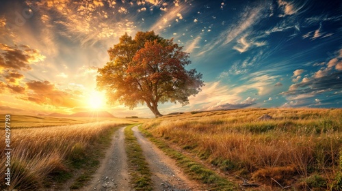 Sunset over a country road with a tree in the foreground.