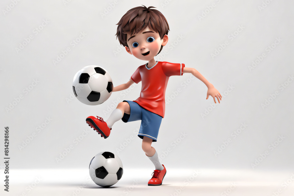 3d cute boy playing with football on white background