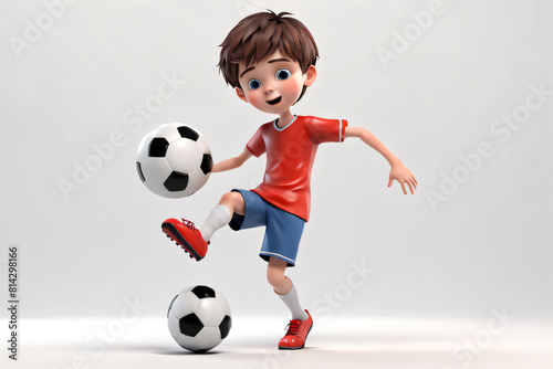 3d cute boy playing with football on white background