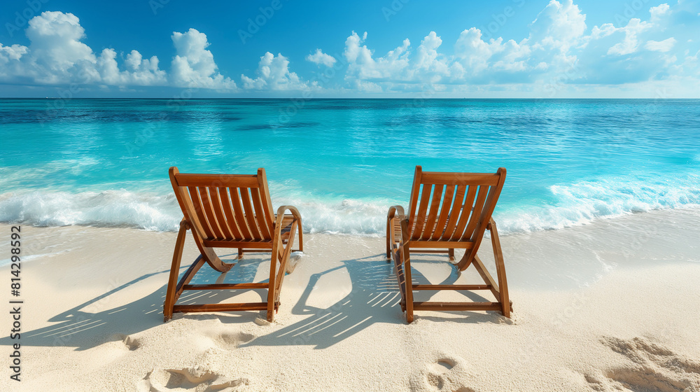 Beautiful beach. Chairs on the sandy beach near the sea. Summer holiday and vacation concept for tourism. Inspirational tropical landscape.