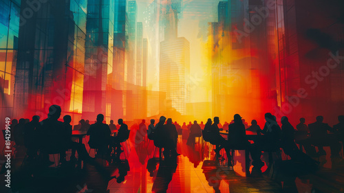 Abstract silhouette crowd in a colorful city - Silhouetted figures of people presented in an abstract, colorful cityscape with a vibrant red and orange glow
