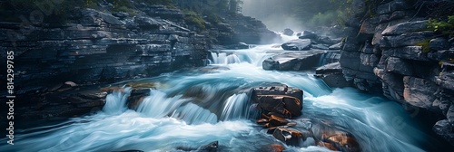 Living beauty and lovely blue of McDonald Creek waters rushing through rocks, seen from Going to the Sun Road in Glacier National Park, Montana realistic nature and landscape photo
