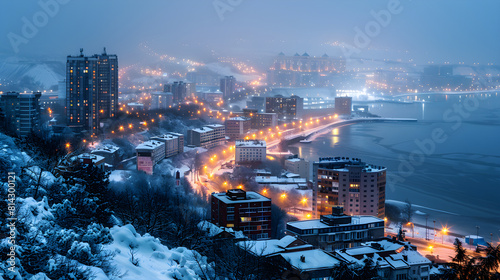 Winter's Embrace: A Snow-Blanketed Vladivostok City Under Dusky Sky  photo
