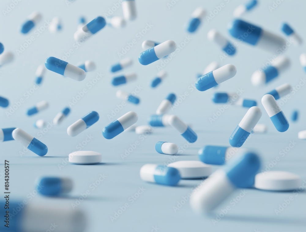 Falling Blue and White Pills: Pharmaceutical Closeup Falling Blue and White Pills: Pharmaceutical Closeup