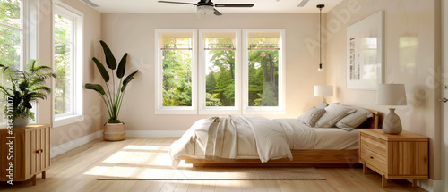 Airy and bright minimalist bedroom with beige walls, light wood floors, and a contemporary ceiling fan, © FoxGrafy