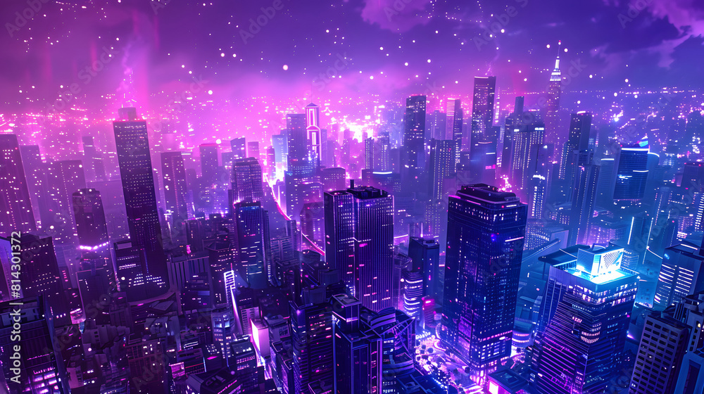city view with tall buildings against a background of bright lights forming a gradient colour that blends from bright magenta, purple to bright blue