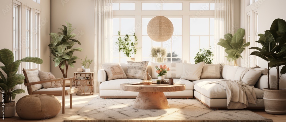 Fototapeta premium A living room with a white couch, a coffee table, and a potted plant
