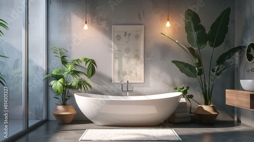 A bathroom with a large white bathtub and a large potted plant