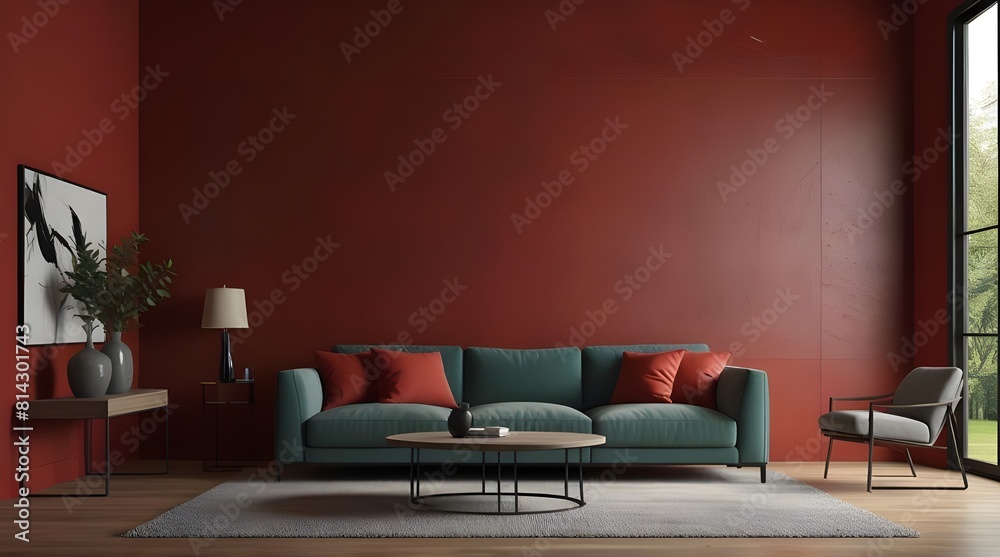 The modern cozy interior design of living room and red wall texture background-3d rendering The modern cozy interior design of living room and red wall texture background-3d rendering