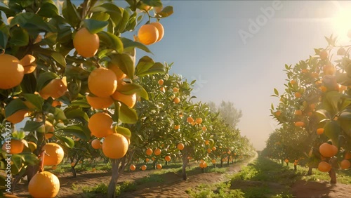 Vibrant orange orchard basking in the sunlight, with ripe oranges hanging from lush green trees, ready for harvest on an expansive farm landscape. Ai Footage.