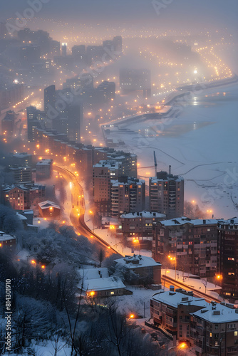 Winter's Embrace: A Snow-Blanketed Vladivostok City Under Dusky Sky 