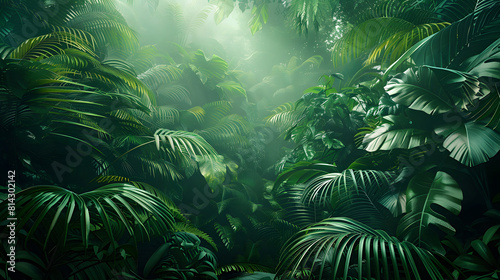various types of dense green plants in tropical rain forests, sunlight penetrates through the leaves