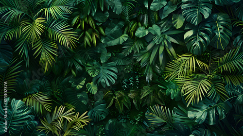 various types of dense and fertile green plants in tropical rain forests  dominated by monstera plants and palm trees.