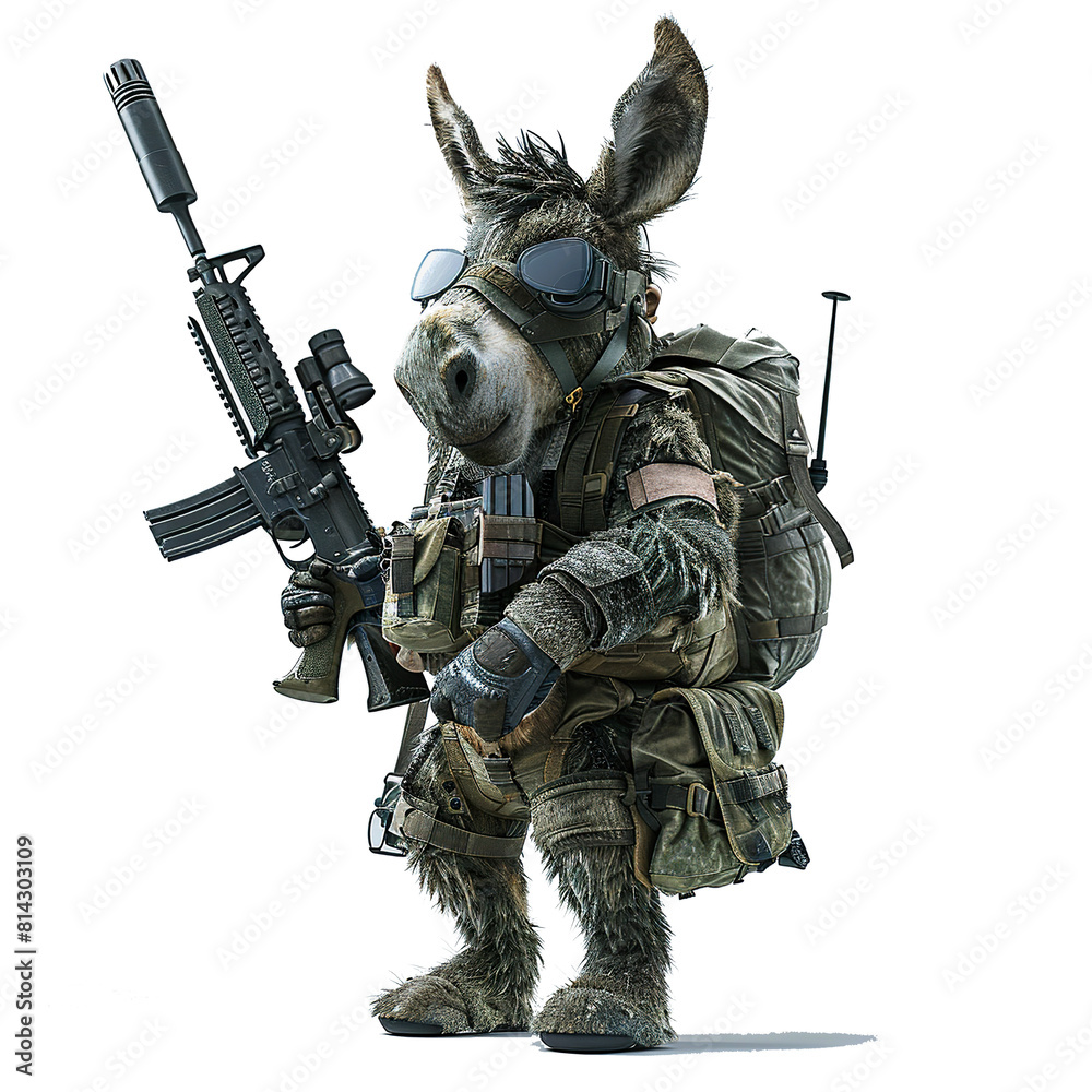 Donkey soldier cartoon character. Brave Donkey warrior cartoon holding guns Donkey soldier cartoon character. Brave Donkey warrior cartoon holding guns