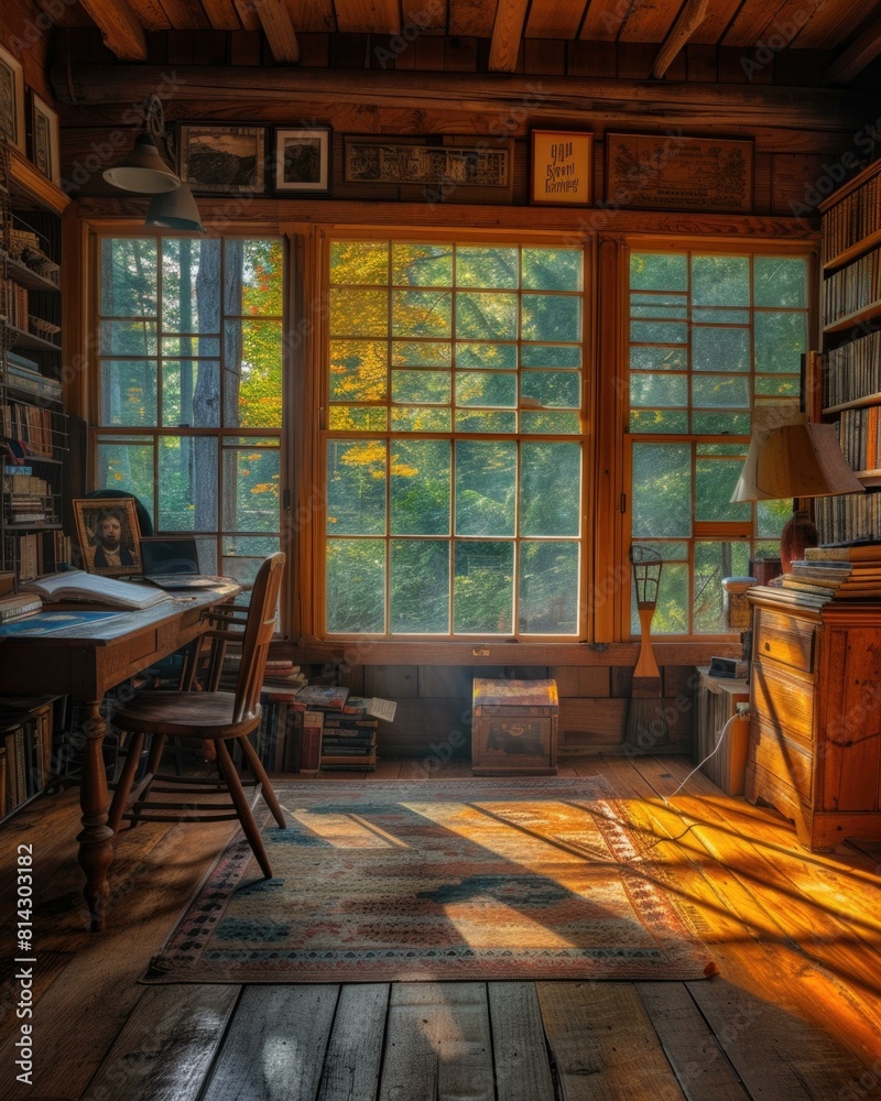 custom made wallpaper toronto digitalA wooden cabin with a desk, bookshelves, and a large window looking out onto a forest. AI.