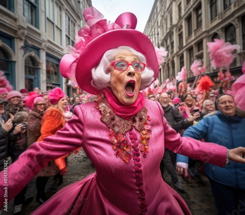 An elderly woman wearing a large pink hat and pink outfit is surrounded by a crowd of people in a street. AI.