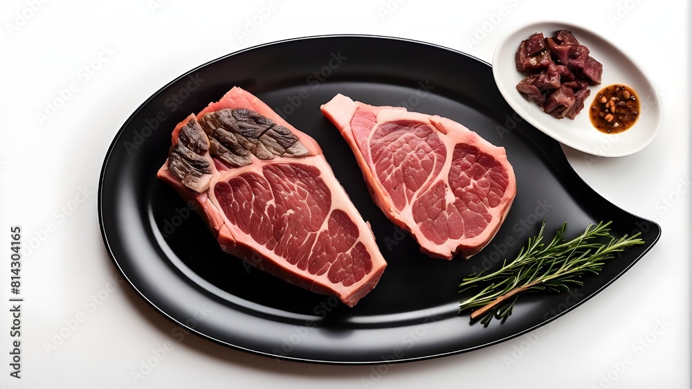 Top view set Meat cutting of a Wagyu beef steak, rib eye, and t bone on a black plate, isolated on a clear white background, AI generated