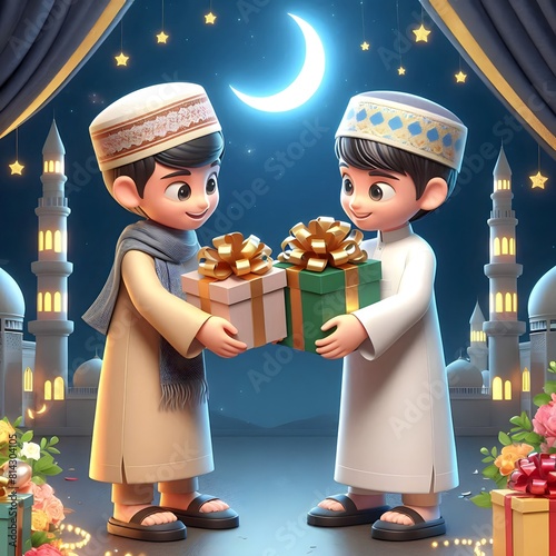 Two Muslim boys exchanging Eid gifts, Eid UL adha Mubarak, Muslim celebrations