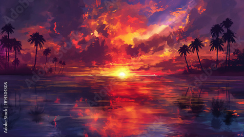 an artistic representation of a vibrant sunset over the sea, highlighting the rich colors of the sky, the reflection on the water, and the silhouettes of palm trees 