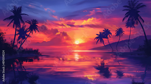 an artistic representation of a vibrant sunset over the sea, highlighting the rich colors of the sky, the reflection on the water, and the silhouettes of palm trees 