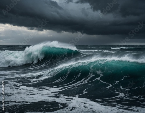 Marvel at the power of nature with our image of a stormy sea, where dark clouds gather on the horizon and waves crash against the shore © malik