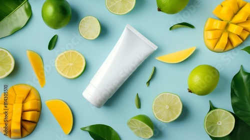 flat lay of a white cosmetic beauty product mockup with a blue background, vivid colors, and mango and lime fruits surrounding it