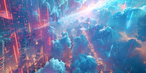 Transcendent Digital Apotheosis Towering Data Clouds in a Luminous Technological Expanse photo