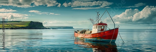 Local fishing boat moored by the coast realistic nature and landscape photo