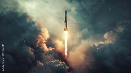 galaxy space with rockets or UFO, spaceship and space, space station in space modern space rocket with blast and smoke successfully takes off into starry space in the dark, Generative  AI photo