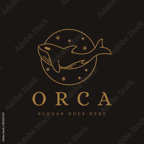 Lineart jumping orca killer whale logo icon vector on dark background