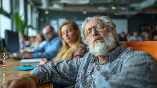 Bored businesspeople boring and sleeping during a meeting in office.