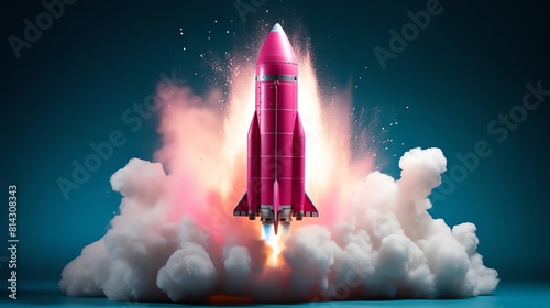 Model rocket blasting off against a vivid pink background, dynamic motion blur capturing the ascent, clear foreground © Lightgeo
