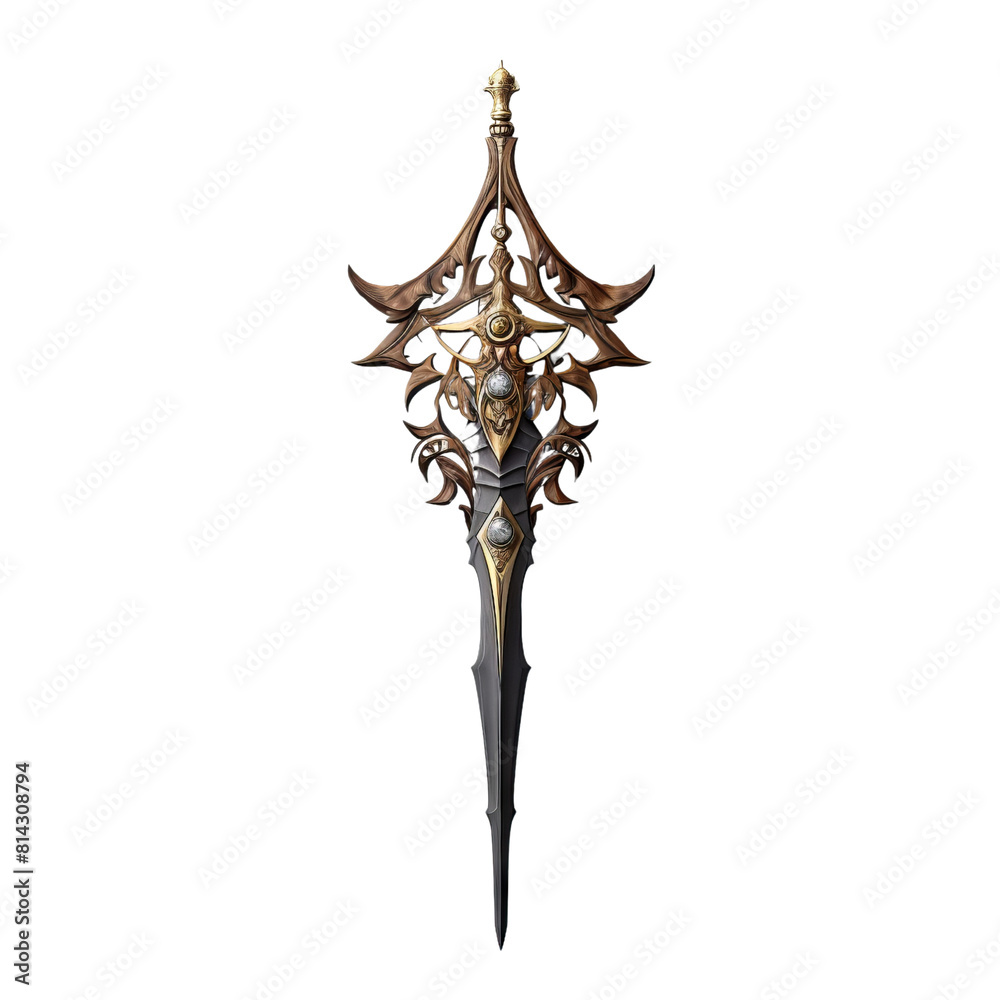 3D render of a fantasy sword with a glowing blade and an intricate golden hilt.
