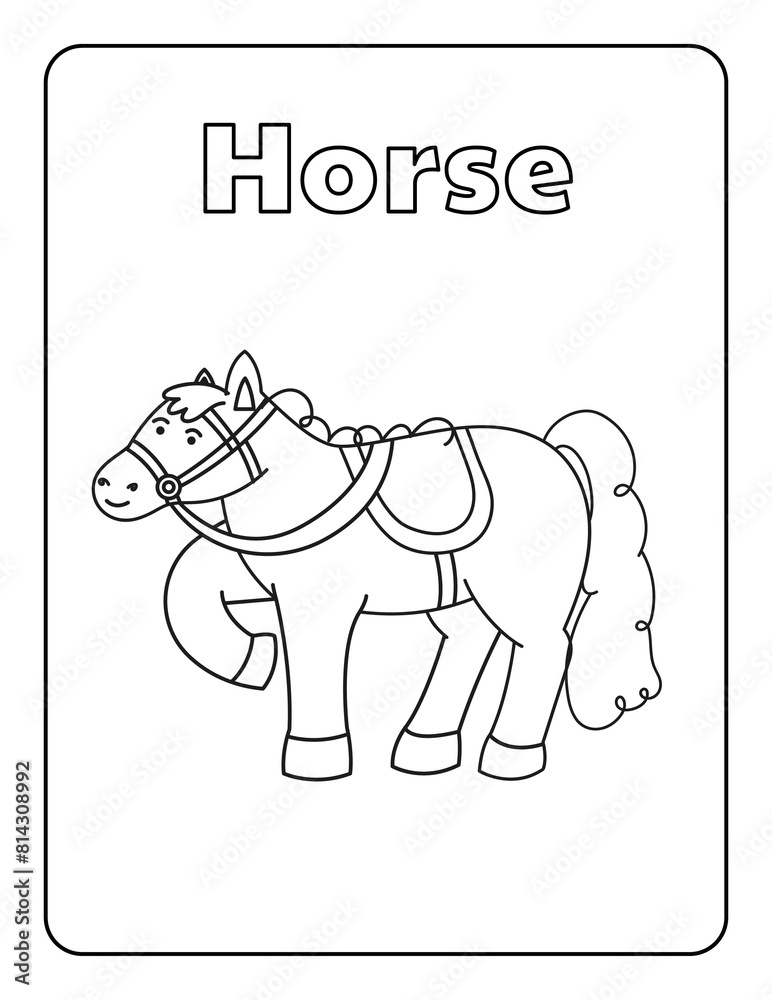Obraz premium Animal Cartoon Coloring Page for kids Black and white Farm Animals Zoo activities Horse