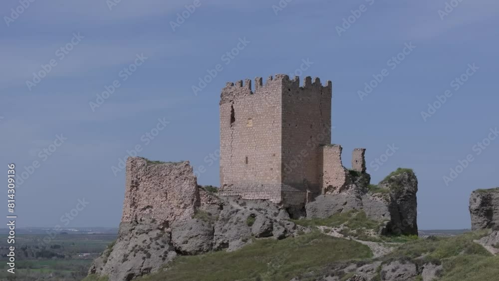 reverse flight in the castle of Oreja 9th century in the foreground the keep and remains of the wall with a background of blue sky we see the magnificent location of the Ontigola fortress Spain reverse flight in the castle of Oreja 9th century in the foreground the keep and remains of the wall with a background of blue sky we see the magnificent location of the Ontigola fortress Spain