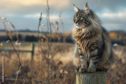 Majestic long-haired maine coon cat on a post
