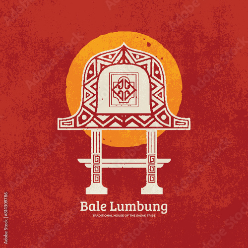 Bale Lumbung design for posters, t shirts, banners, flyers, fabric factories. Hand Drawn vintage grunge aesthetic trend vector design. Lombok island traditional house icon design in geometric style. photo