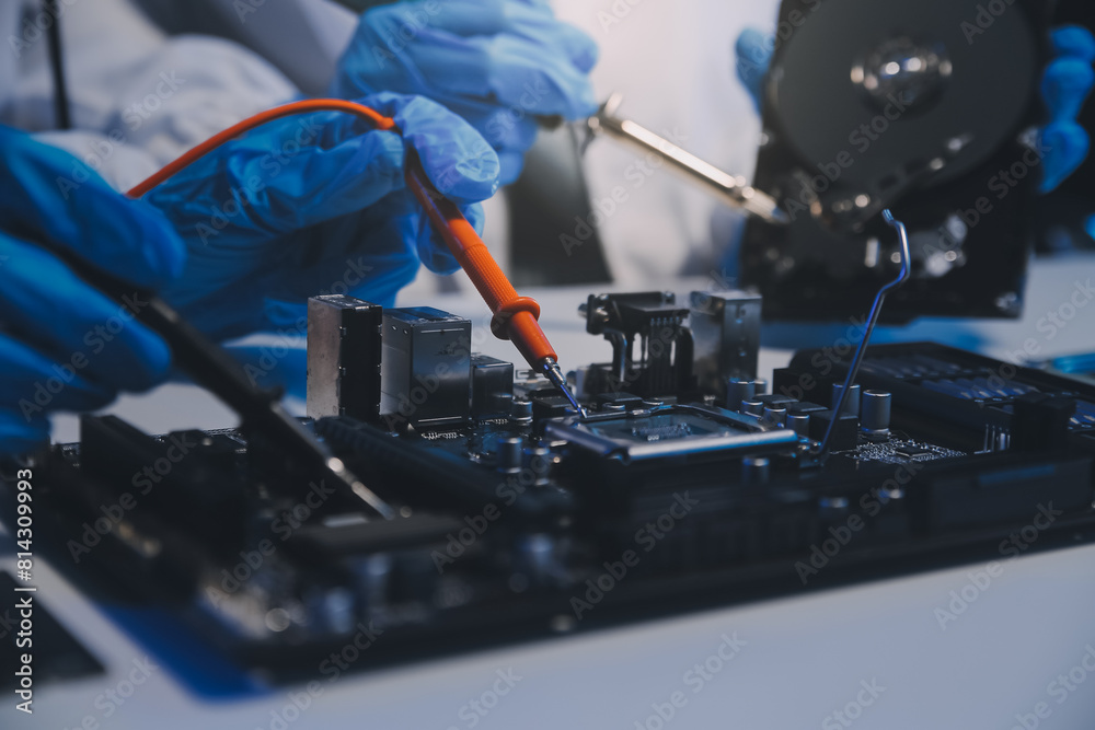 Naklejka premium Close up of Technician measuring voltage electronic circuit board television, Service after sale fix electric equipment within insurance.