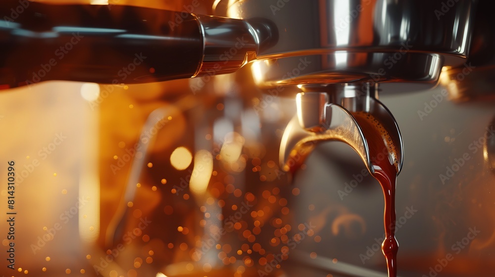 Close-up of espresso poured from a hot, smoky coffee maker. Illustration of professional coffee making